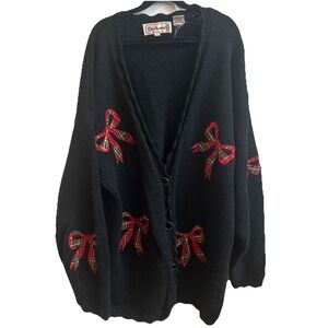 Vintage‎ Bechamel Christmas Cardigan Sweater Plaid Bow Appliqué Ramie Cotton L